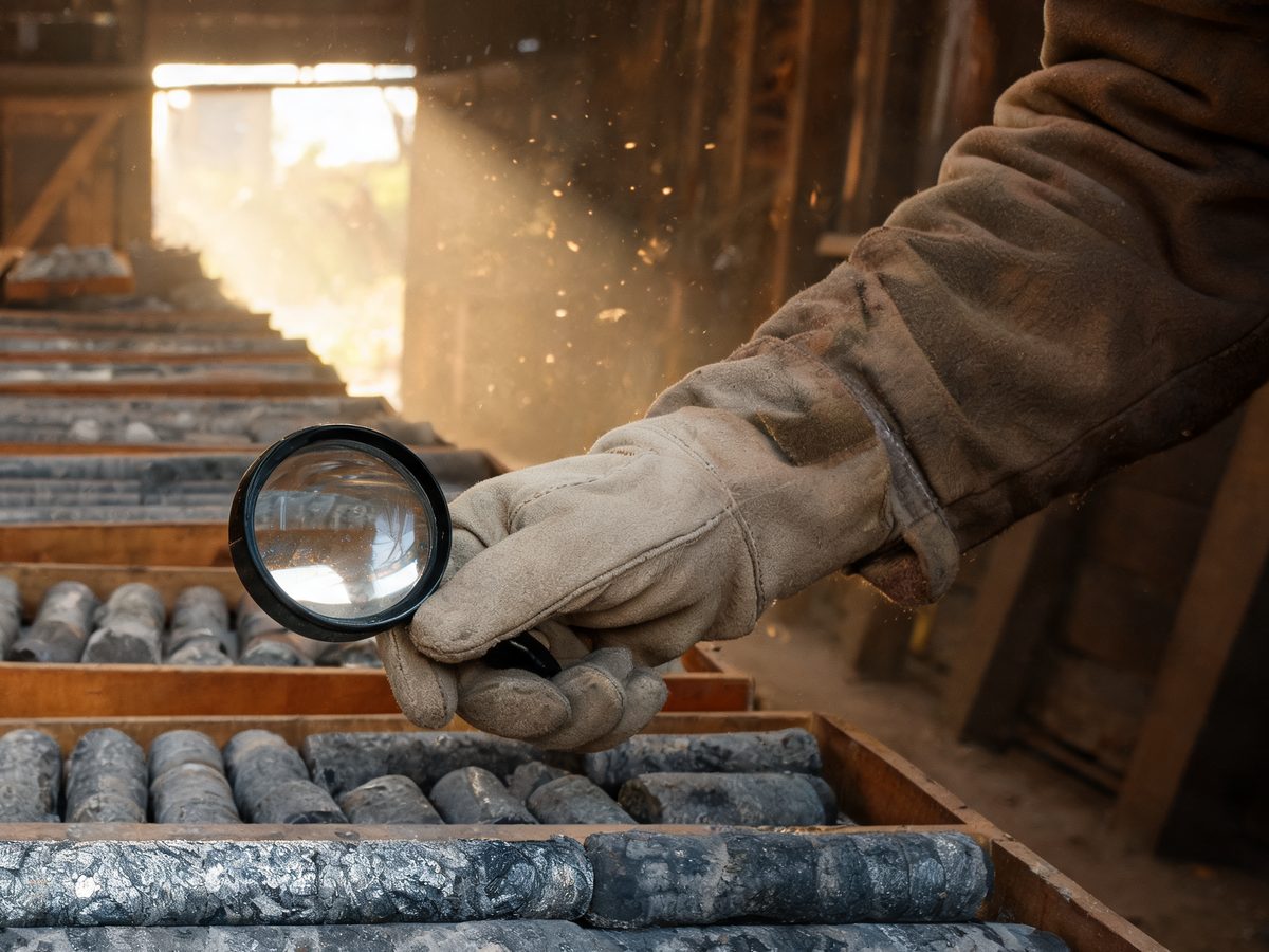 A geologist examines drill core with a hand lens